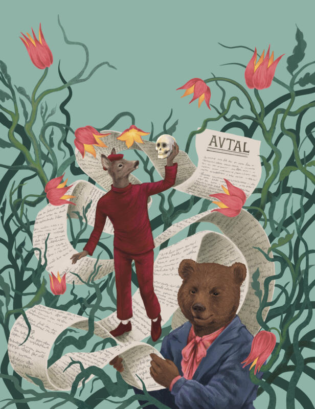 Illustration i tidningen Akt som föreställer en björn och ett rådjur i människokläder.