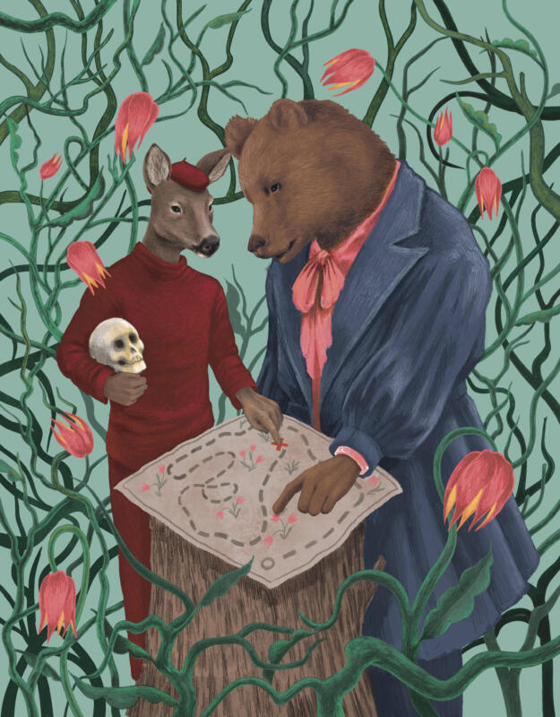 Illustration i tidningen Akt som föreställer en björn och ett rådjur i människokläder.