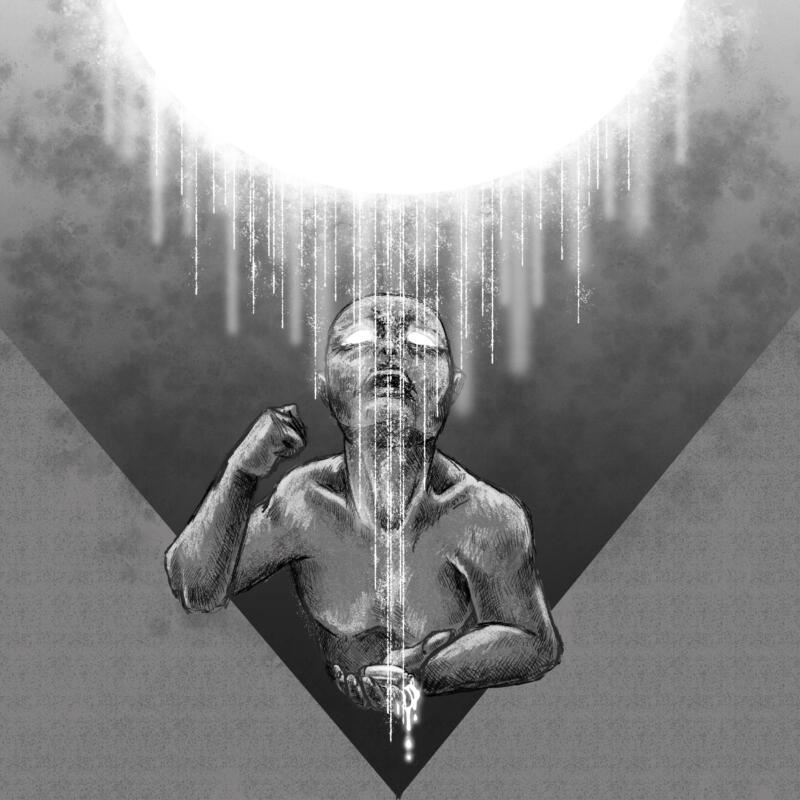 Digital, svartvit illustration föreställande överkroppen av en skallig man som skräckslaget ser uppåt. Ovanför honom befinner sig ett stort och starkt ljussken vars strålar tycks rinna neråt över mannen. I ena handen håller han en droppande lite flaska med lysande vätska han nyss druckit. Hans ögon strålar lika vitt som ljuset ovanför honom. Han ser det gudomliga.