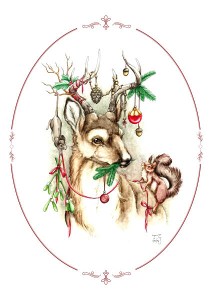 A colourful and detailed illustration of a closeup of a squirrel and a mouse that decorates the antlers of a deer for christmas. The deer is eating on a twig of red spruce with a christmas ornament hanging on it. The mouse is hanging by its tail onto one of the deers antlers as it is hoisting up a mistletoe in a red string while the squirrel is watching from the deers back.