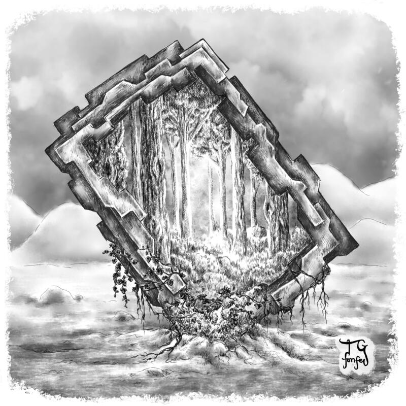 Svartvit, digital illustration av en fristående port mitt i ett kalt ödelandskap. Långt borta i horisonten syns berg och molnig himmel. Portalen står på sne, med enbart ena hörnet nedborrat i marken. Inuti porten syns en tät skog med ljus långt bort och rötter och murgröna slingrar sig ut ur porten och ner mot den kala marken på utsidan. 
