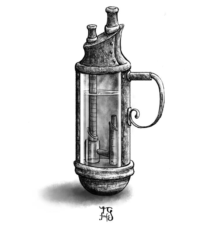 Svartvit, digital illustration utan bakgrund föreställande en flaska med ett detaljerat och udda utseende. Större delen består av metall men ena sidan är av glas och inuti syns mekanik som föreställer ett reningsverk i miniatyr för att rena vattnet flaskan fylls med. Stilen beskrivs bäst som steampunk.