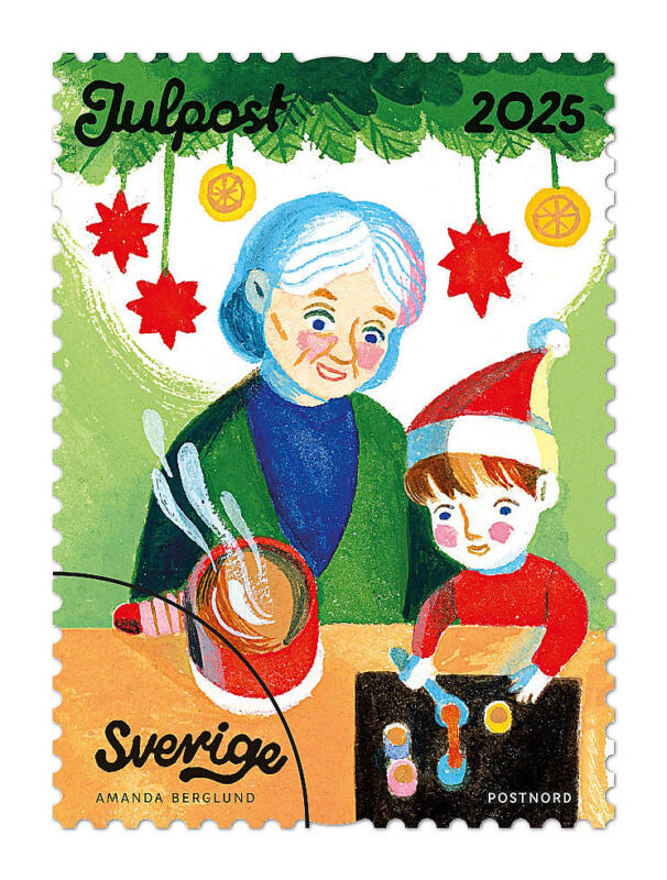 Frimärke julstök enskilt motiv med  familj som bakar