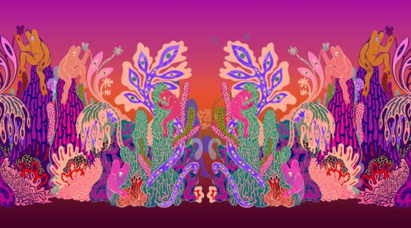 Illustrationen "Skymningssaga" - ritad för att tryckas storskaligt på tyg, affischer och plagg.