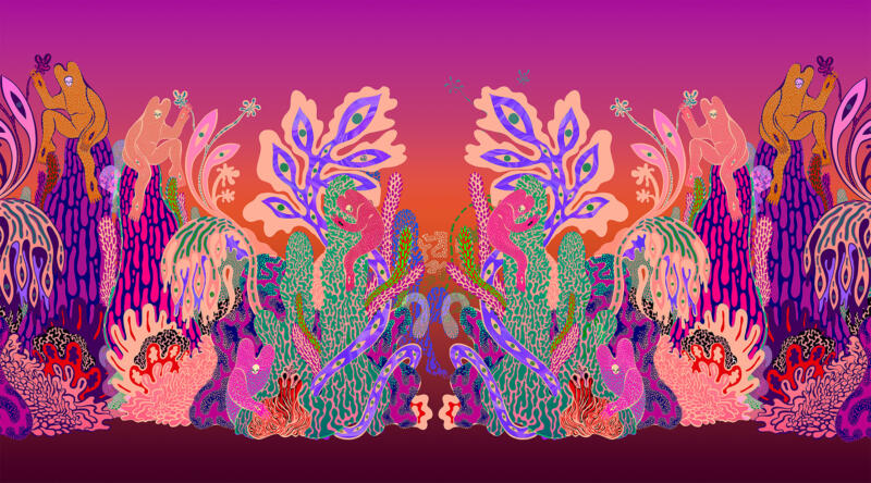 Illustrationen "Skymningssaga" - ritad för att tryckas storskaligt på tyg, affischer och plagg.