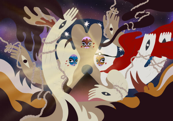 Illustration för affisch för skolföreställningen "Våld är min syster", för Västmanlands teater 2025.