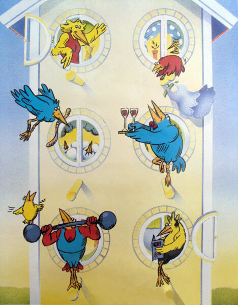 Fågelholk med illustrerade fåglar 