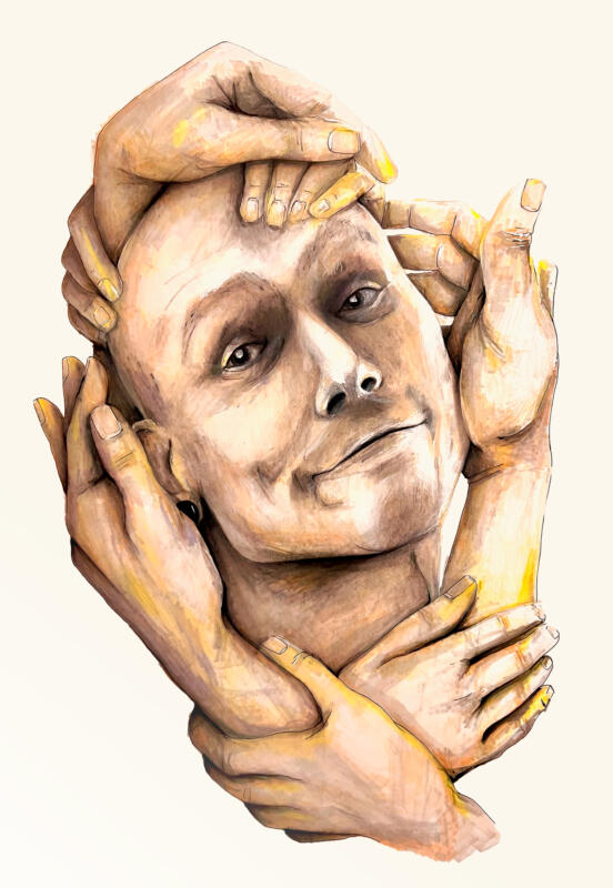 En ung man ler mot åskådaren med många händer runt ansiktet