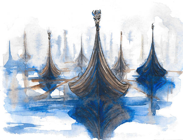 Viking boats on misty water in blue and brown