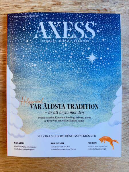 Omslagsillustration till Axess Magasin målad i akvarell med stjärnhimmel, granar och en räv.