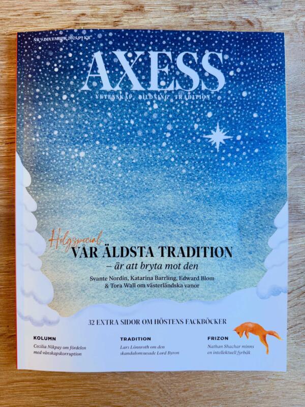 Omslagsillustration till Axess Magasin målad i akvarell med stjärnhimmel, granar och en räv.