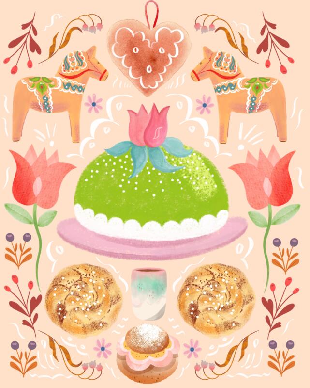 Akvarell på temat fika med illustrationer av svenska bakverk som kanelbullar, pepparkaka, prinsesstårta och semla.