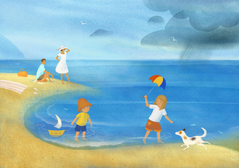 En digital illustration av en familj som har roligt på en strand