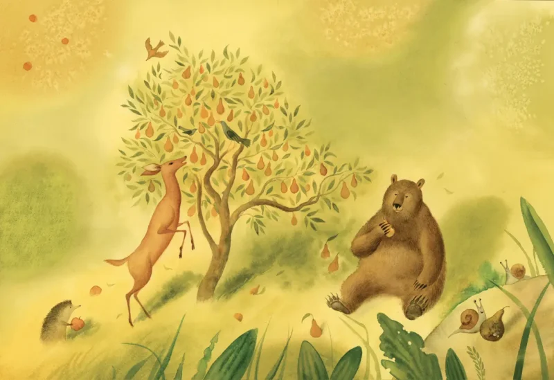 Akvarell av skogsdjur som kalasar på frukt