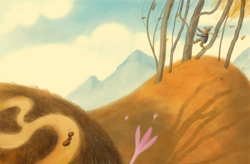 En digital illustration av en pojke som klättrar i ett träd tidigt på våren