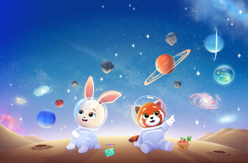 Kaninen Astra ochd en röda pandan Milo sitter på måneen och tittar på alla planeter, galaxer och stjärnor