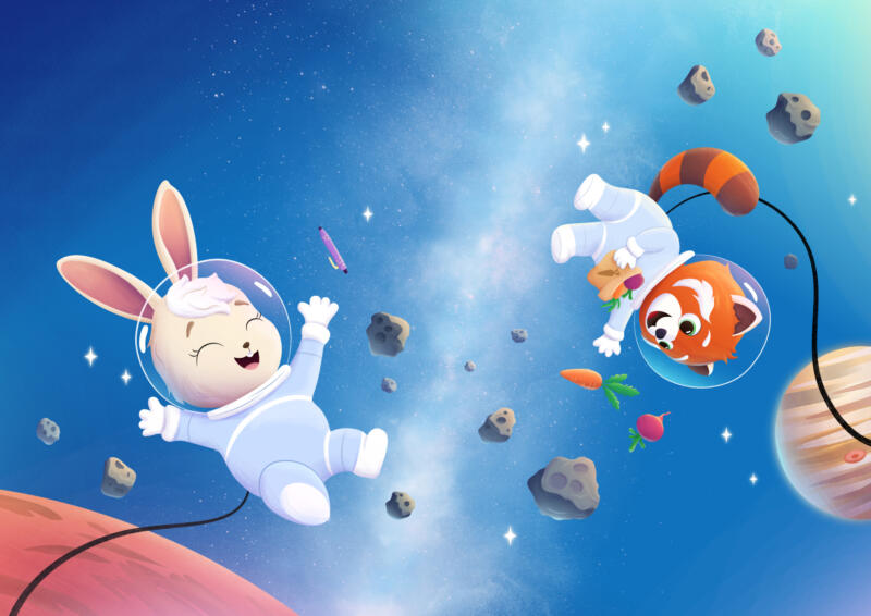 Kaninen Astra och den röda pandan Milo undersöker gravitation.