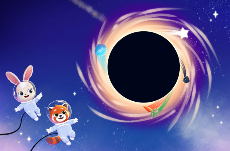 Kaninen Astra och den röda pandan Milo undersöker ett svart hål.