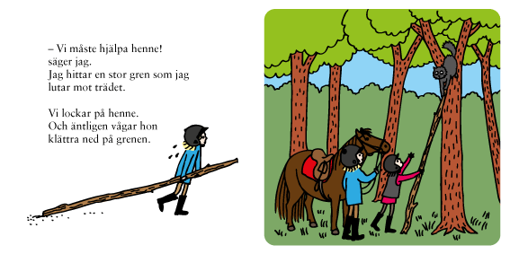 Två flickor och en häst som försöker hjälpe en katt ned från ett träd.