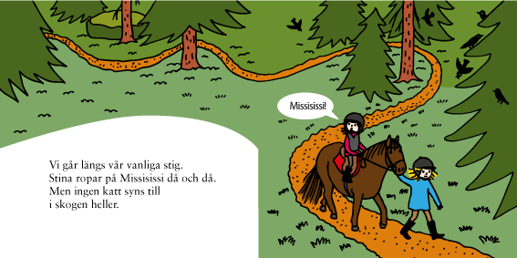 Uppslag ur barnbok med häst och flickor på en väg genom skogen.