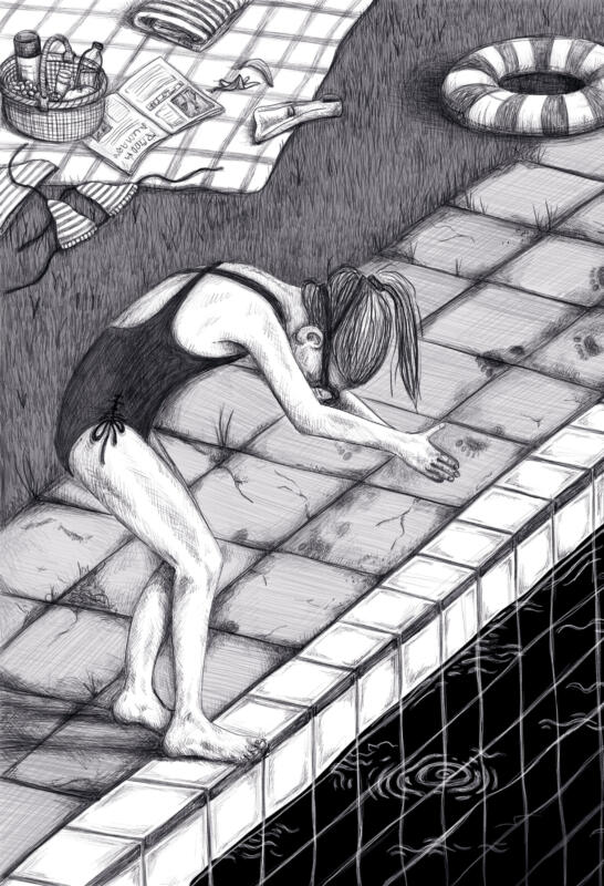 Illustration i svartvitt på Juli som står vid poolkanten och försöker lära sig att dyka.