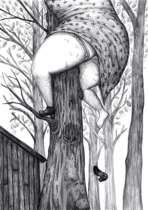 Illustration på Julis mormor, som klättrar i ett träd, till boken "Jag heter Juli och jag vet vad jag vill!"