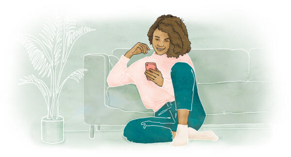 Illustration på ung kvinna som sitter med sin mobil på golvet i vardagsrummet