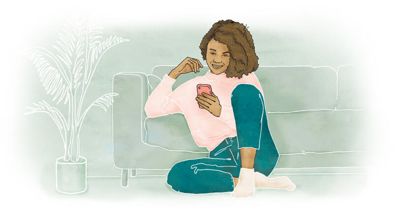 Illustration på ung kvinna som sitter med sin mobil på golvet i vardagsrummet