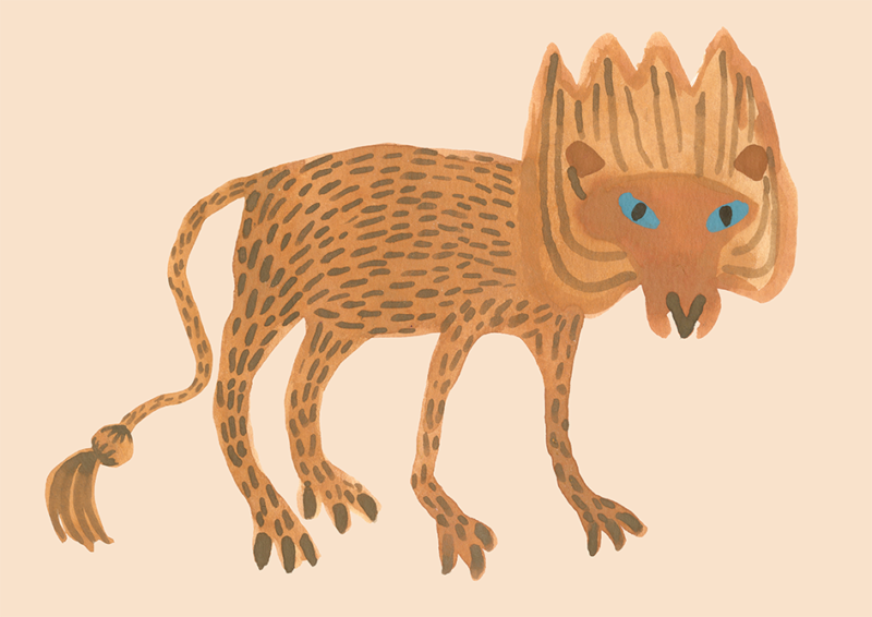 Gouachemålning, fantasifullt lejon inspirerad av myrlejon och barndomens somrar vid Ålands hav.