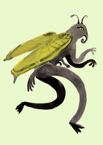 Gouachemålning, fantasifull fjäril inspirerad av barndomens somrar vid Ålands hav.