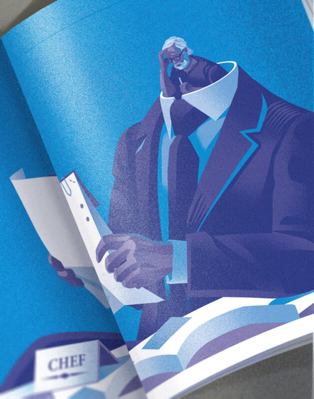 Close-up of a Nils-Petter Ekwall illustration showing 'the lonely leadership' – the struggle between efficiency and administrative burde
