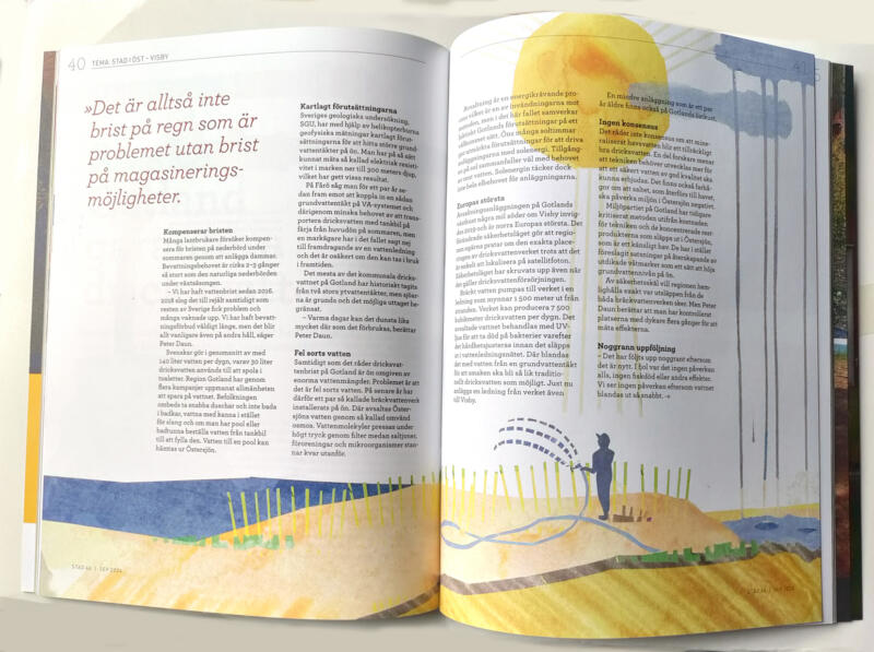 Uppslag i tidning med illustration av landskap, sol och vatten som visualiserar frågor om dricksvatten och vattenförsörjning.