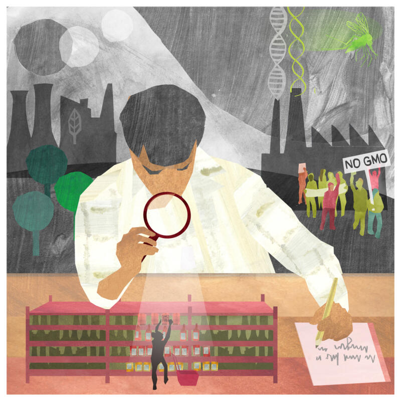 Illustration of a researcher studying a consumer in a store while protests, factories and modified organisms appear in the background.