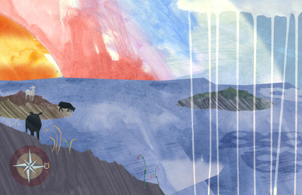 Illustration av kustlandskap med hav, ö, sol och symboler