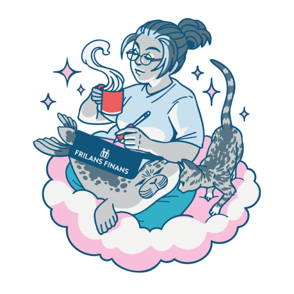 Sticker design av en tjej med glasögon sitter på ett moln och tecknar på iPad med en kopp kaffe i ena handen med en sälkudde och en nyfiken katt.