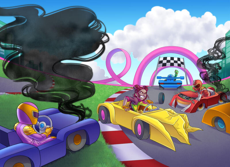 Flera bilar har krockat på racing banan, med svart rök som bolmar från huvarna.