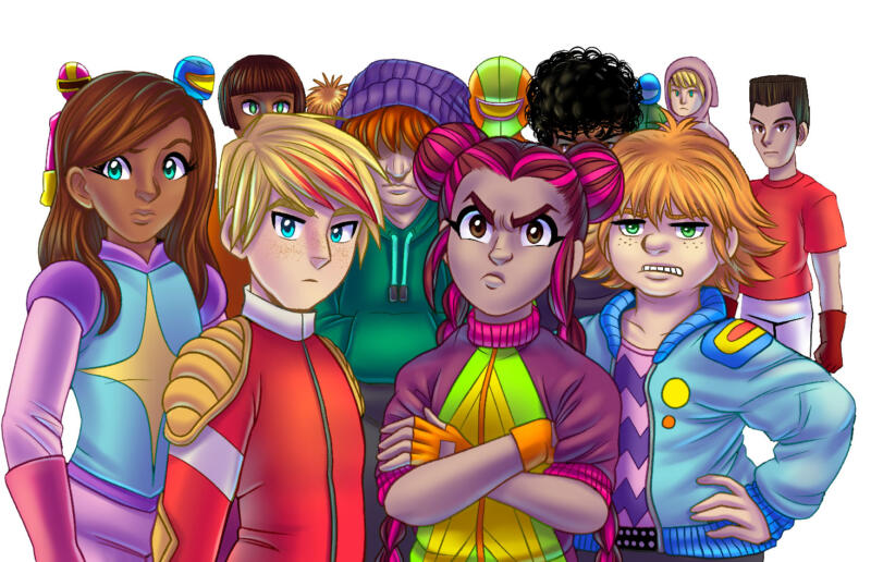 En grupp av personer i färgglad mangastil som alla ser irriterade ut.