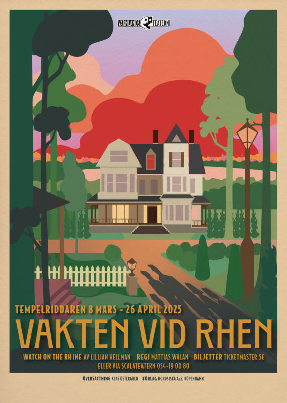 Affisch för teaterpjäs. Digital illustration formgiven som ett kollage av pappersklipp eller diorama. Mörka träd i förgrunden med en väg som leder fram till ett trevåningshus i amerikansk stil. På vägen sträcker sig skuggor av en familj, två föräldrar och tre barn. Bakom huset ser vi en sjö och en stadshorisont. Röda moln tornar upp sig på himlen som vid solnedgång. Urklippen har en pappersstruktur och affischen påminner om en vintage reseaffisch.