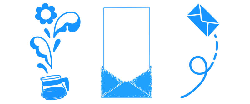Illustrerade ikoner i blått. En skvalpande kaffekanna som spiller kaffedroppar och kurbits, ett kuvert med utdraget brev och ett kuvert med en virvlande rörelselinjer som att den flyger bort på villovägar.