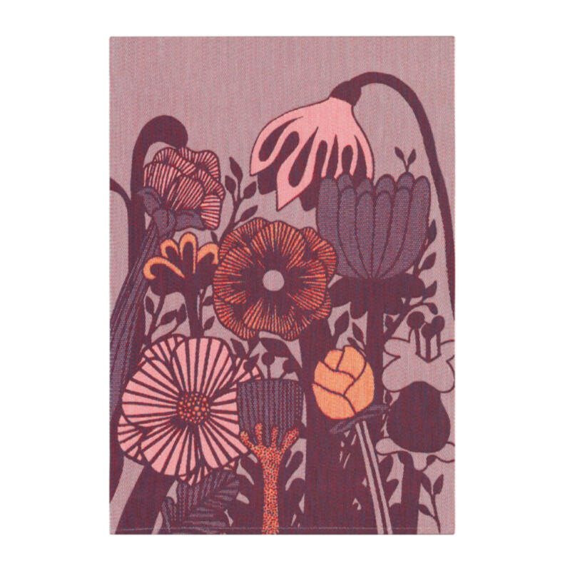 Vävd kökshandduk i ljuslila, mörklila, ljusrosa och gulorange med motiv av fantasifulla blommor som sträcker sig upp från botten av handduken.