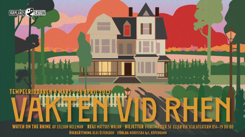 Affisch för teaterpjäs. Digital illustration formgiven som ett kollage av pappersklipp eller diorama. Mörka träd i förgrunden med en väg som leder fram till ett trevåningshus i amerikansk stil. På vägen sträcker sig skuggor av en familj, två föräldrar och tre barn. Bakom huset ser vi en sjö och en stadshorisont. Röda moln tornar upp sig på himlen som vid solnedgång. Urklippen har en pappersstruktur. Horisontellt format.