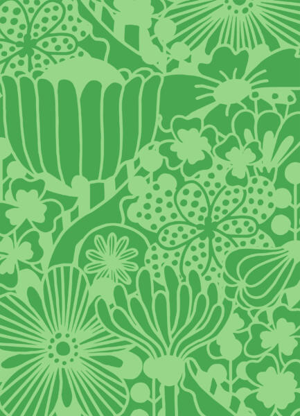 Ett blommigt mönster där påhittade blommor trängs. Prickar, ränder, streck, tentakler och klöver. En tolkning av urban växtlighet. Mönster utformat för att passa en barnfilt med mycket att titta på. Två gröna nyanser.