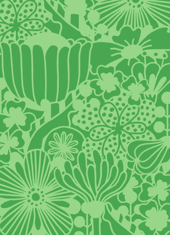 Ett blommigt mönster där påhittade blommor trängs. Prickar, ränder, streck, tentakler och klöver. En tolkning av urban växtlighet. Mönster utformat för att passa en barnfilt med mycket att titta på. Två gröna nyanser.