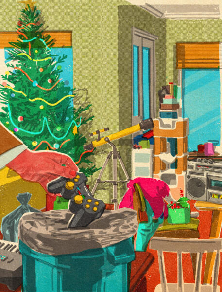 Less stuff means less past, but what if you need the past? An illustration by an essay on the dilemmas of throwing away versus keeping for The Dutch newspaper TROUW