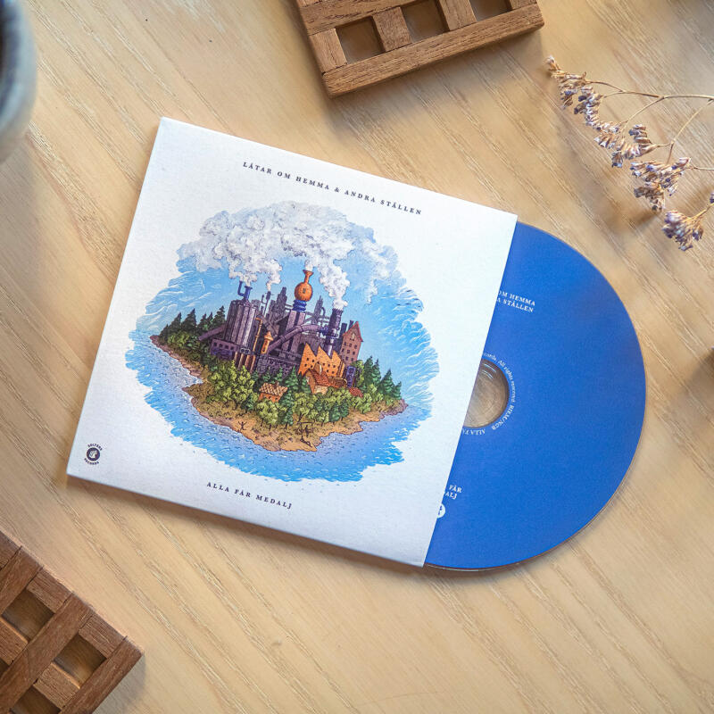 Skivomslag med illustration mot bakgrund