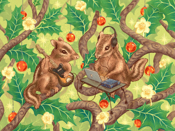 Illustration av två ekorrar som spelar musik på julen, ett julkort till SAMI.