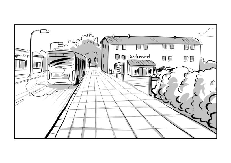 Trottoarvy. Buss som åker bort längs vägen till vänster i bild. Till höger cirka 50 meter bort ligger en vårdcentral.