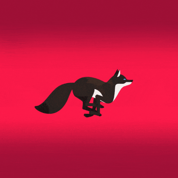 A brown fox running and jumping against a red backdrop. The fox jumps over letters and words