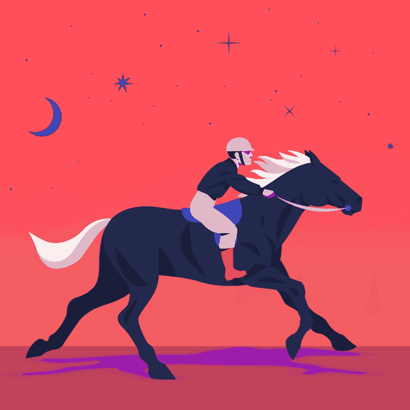 A horse with rider running through a red forested landscape.