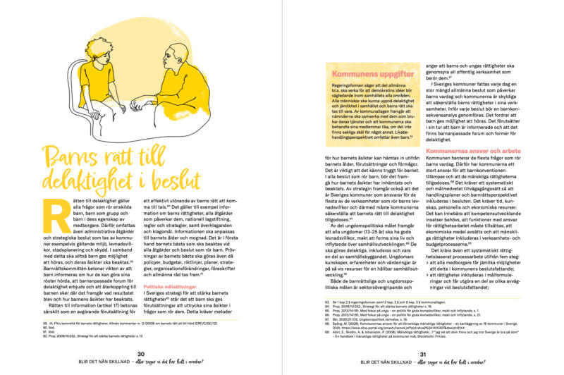 Illustration för årsrapport som visar ett barn och en vuxen i samtal, delaktighet i beslut.